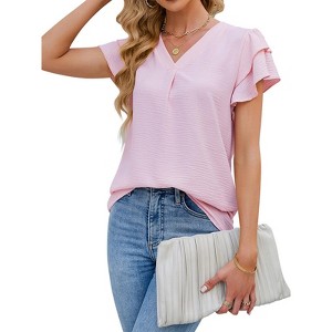 Womens Summer Casual Flutter Short Dressy Sleeve Shirts V Neck Work Blouse Business Tops - 1 of 4