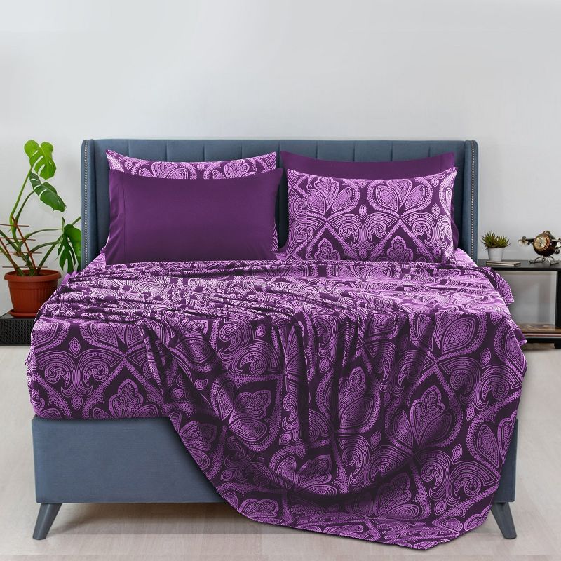 6 Piece Sheet Sets Paisley Printed Sheets Set Ultra Soft Deep Pocket Microfiber Bed Sheets - Lux Decor Collection, 1 of 6