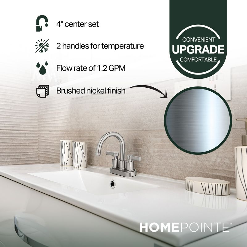 HomePointe Mid-Arch Lavatory Faucet with Pop-Up, 4 Inch Center Set, 1.2 GPM Flow Rate, and 2 Handles for Temperature Control, Brushed Nickel, 2 of 7