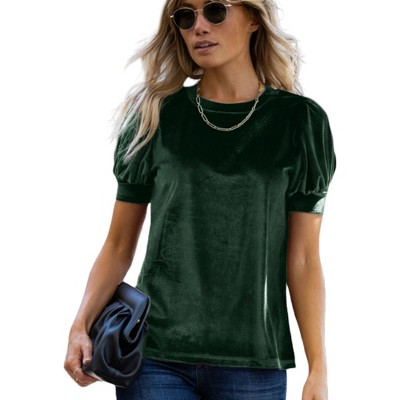 Amaryllis Women's Short-Sleeve Velvet Puff Sleeve Top Elegant Crew Neck  Texture