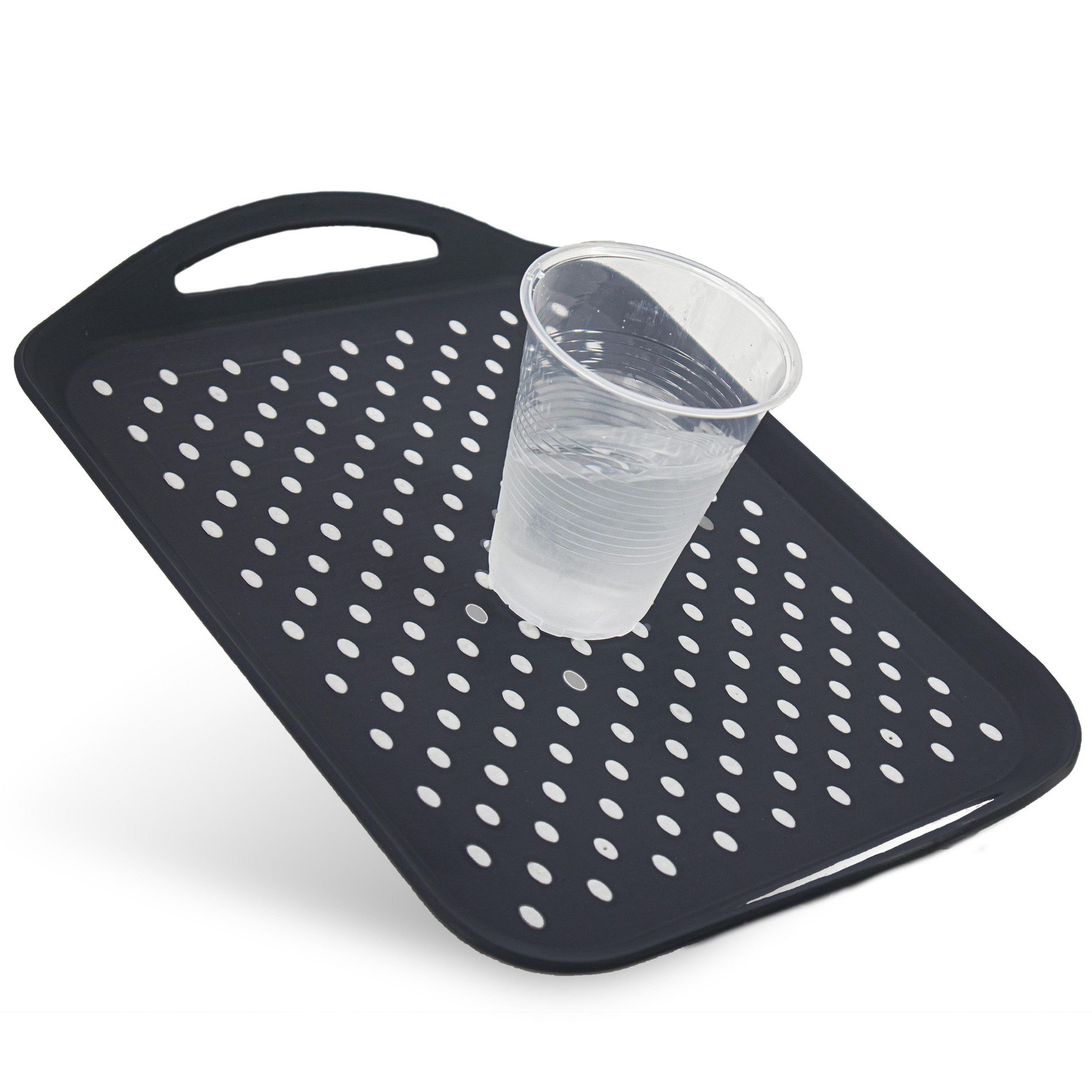 5 Star Super Deals Non Slip Serving Tray With Handles - Rubber Silicone Grip Anti Spill Plastic Food Carrying Tray - TV Dinner Tray - Black Medium