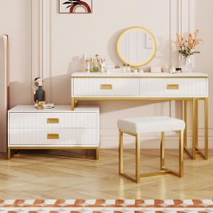 YOOCOZZ Modern Vanity Table with Upholstered Stool, Side Cabinet and LED Mirror, Free Combination - White+Gold - 1 of 4