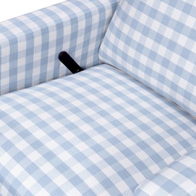 Blue Gingham Velvet Swivel Recliner with Light Wood Base