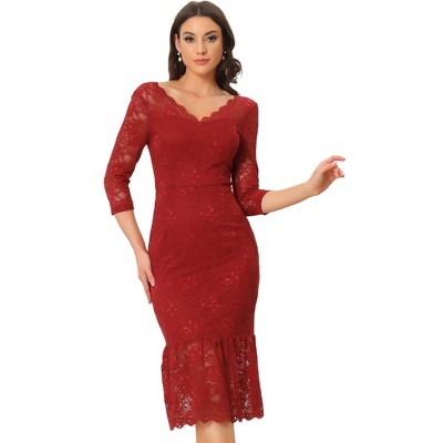 Allegra K Women's Elegant V Neck 3/4 Sleeve Lace Mermaid Bodycon Dress