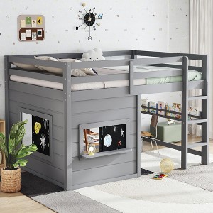 Twin/Full Size Loft Bed House Kids Loft Bed Frame with Double-Sided Sliding Chalkboard, Bookshelf & Safety Guardrails - ModernLuxe - 1 of 4