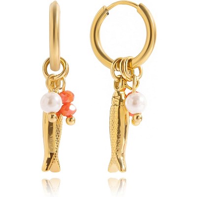 Beach Fish Earrings for Women - Boho Gold Pearl Red Bead Fish Earrings, Bohemian Beach Jewelry | Ocean Waterproof Summer Jewelry for Vacation