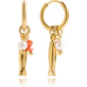 Beach Fish Earrings for Women - Boho Gold Pearl Red Bead Fish Earrings, Bohemian Beach Jewelry | Ocean Waterproof Summer Jewelry for Vacation - 1 of 4