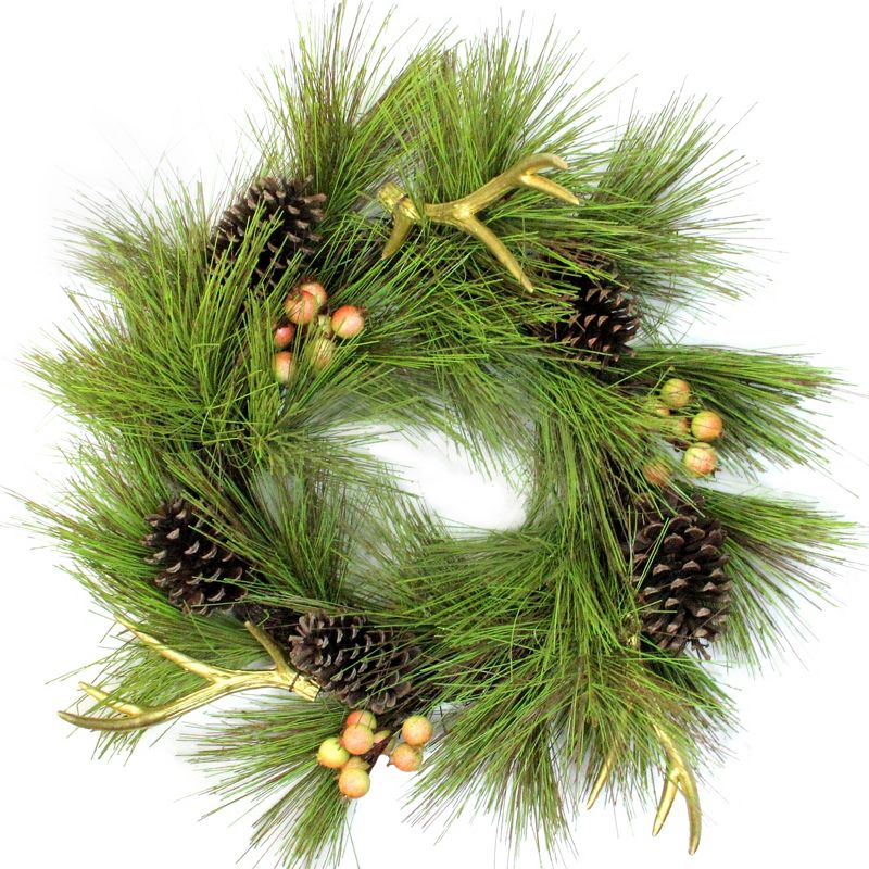 Northlight 30" Unlit Green Pine Needles, Pinecones and Golden Antlers Christmas Wreath, 1 of 5