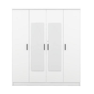 TIRAMISUBEST 4-Door Mirror Wardrobe with Shelves - Mobile Lateral Filing Cabinet Locking Wheels Adjustable Shelf