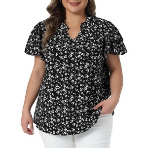 Women's Plus Size Floral Ruffle V Neck Double Short Sleeve Pleated Summer Casual Blouse - Agnes Orinda - 1 of 4