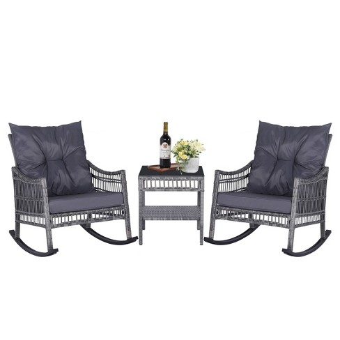 3pc Outdoor Wicker Rocking Chair & Table Set With Cushions - Gray