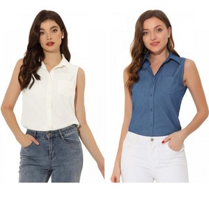 INSPIRE CHIC Women's Sleeveless Lapel V Neck Button Down Chambray Shirt 2 Packs - 1 of 4