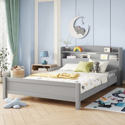 Full Size Platform Bed with Bookcase Headboard, Bed with LED Motion Sensor Light and Safety Guardrails, Slatted Pine Wood Frame Bed-Baofuwish