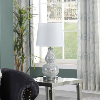 19.5" Silver Chrome Table Lamp with Mirror Glass Mosaic Base, Modern Polyresin Accent Lamp for Living Room or Bedroom – Maison Boucle