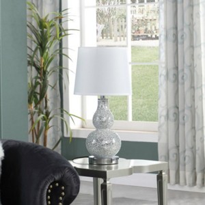 19.5" Silver Chrome Table Lamp with Mirror Glass Mosaic Base, Modern Polyresin Accent Lamp for Living Room or Bedroom – Maison Boucle - 1 of 4