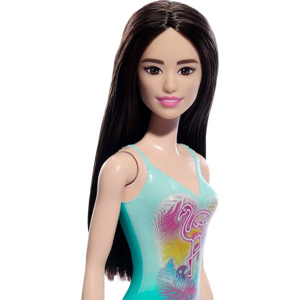 Muñeca Barbie de playa con cabello negro y traje de baño azul tropical 2
