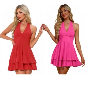 INSPIRE CHIC Women's Halter Party Deep V Neck Backless Layer Mini Dress 2 Packs - 1 of 4