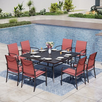 Captiva Designs 9pc Spacious Slat-top Square Metal Table with Umbrella Hole & Sling Fixed Dining Chairs