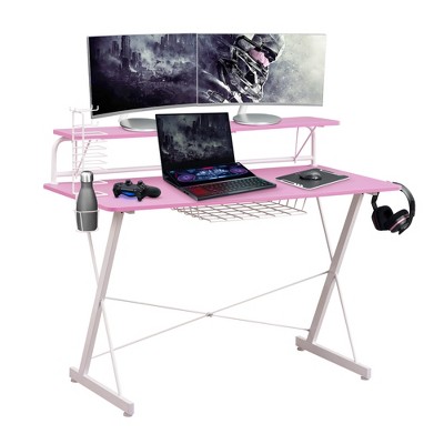 ?Vynxaria TS-200 Carbon Gaming Desk with Shelving & Cup Holder - Stylish Pink Design