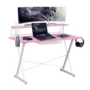?Vynxaria TS-200 Carbon Gaming Desk with Shelving & Cup Holder - Stylish Pink Design - 1 of 4