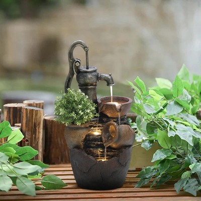 Rustic Brown Poly-Resin Farmhouse Pump and Pots Fountain with LED Lights