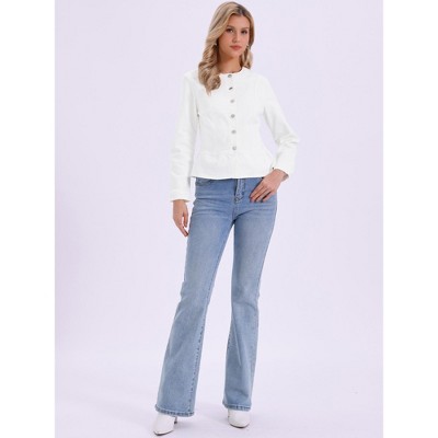INSPIRE CHIC Women's Denim Peplum Hem Button Down Collarless Long Sleeve Jean Jackets Large White — фото 4