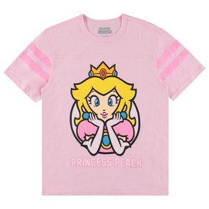 Ladies Nintendo Princess Peach Shirt - Mario, Zelda, Kirby, Princess Peach and Donkey Kong Varsity Stripe Sleeve Athletic Tee - 1 of 4