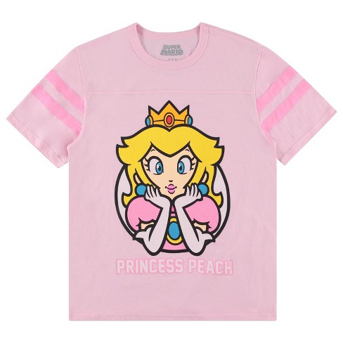 Ladies Nintendo Princess Peach Shirt - Mario, Zelda, Kirby, Princess Peach and Donkey Kong Varsity Stripe Sleeve Athletic Tee - image 1 of 4