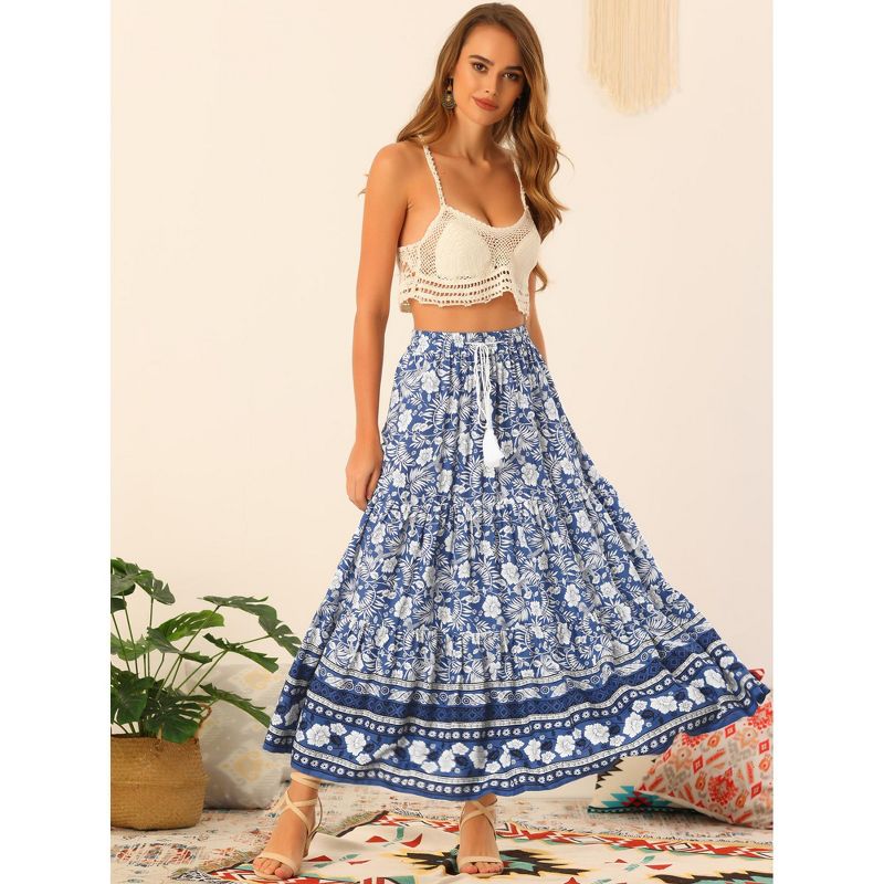 Allegra K Women's Summer Floral Boho Tassels Elastic Waist Casual Maxi Skirts, 4 of 7