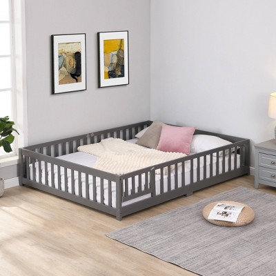 CAVINAS Twin Size Wood Montessori Bed,Modern Floor Bed Frame with Safety Guardrails and Door,Toddler Bed for Bedroom,Gray