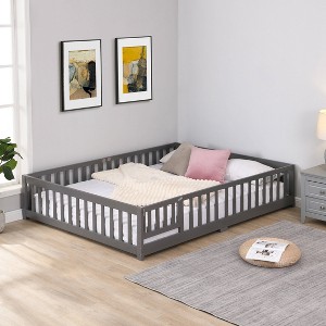 CAVINAS Twin Size Wood Montessori Bed,Modern Floor Bed with Safety Guardrails and Door,Toddler Bed for Bedroom - 1 of 4