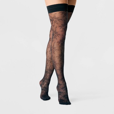 Women's Floral Mesh Thigh Highs - A New Day™ Black