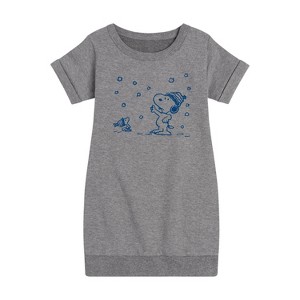 - Peanuts - Snow Snoopy And Woodstock Graphic Short Sleeve Fleece Dress - 1 of 4