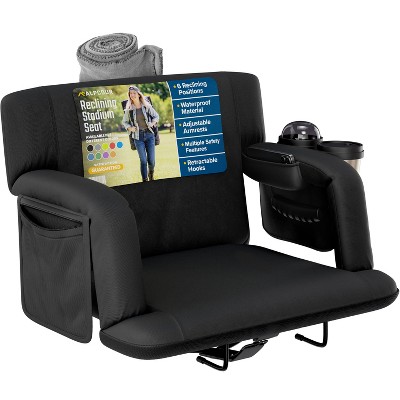 Reclining Stadium Seat for Bleachers with Back Support, Armrests, Cup Holder, Large Pockets, and Waterproof - 25" - Black