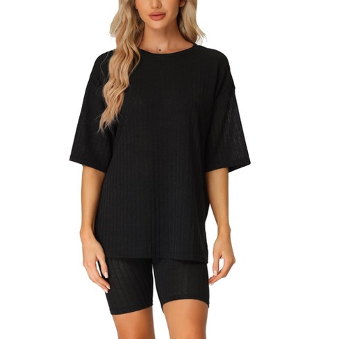 cheibear Women's Ribbed Knit Soft Tracksuit Short Sleeves Sleepwear Set  with Shorts Black Medium