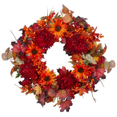 Northlight Leaves And Flowers Fall Harvest Wreath - 24-inch, Unlit : Target