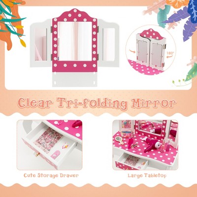 Pink Polka Dot Kids Vanity Set with Tri-Folding Mirror and Stool