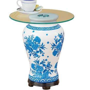 Collections Etc Decorative Blue Roses Ginger Jar with Glass Top Accent Table Blue N/A