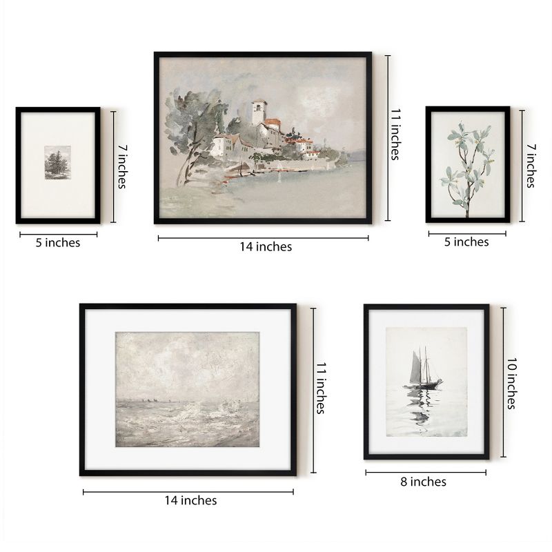 Americanflat 5 Piece Vintage Gallery Wall Art Set - Seaside Villa, Seascape In Greys, Calm Sailing, Tree Etching by Maple + Oak, 3 of 5