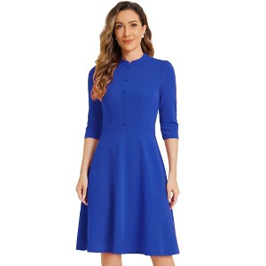 INSPIRE CHIC Women's Vintage 3/4 Sleeves Stand Collar Office Work Elegant A-Line Dress - 1 of 4
