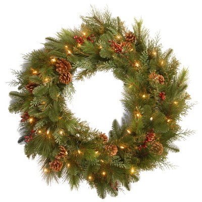 National Tree Company 30in. Decorative Collection Noble Mixed Wreath with Battery Operated Warm White LED Lights