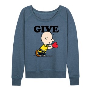 Women's - Peanuts - Give Love Lightweight French Terry Wide Neck Long Sleeve Shirt - 1 of 4