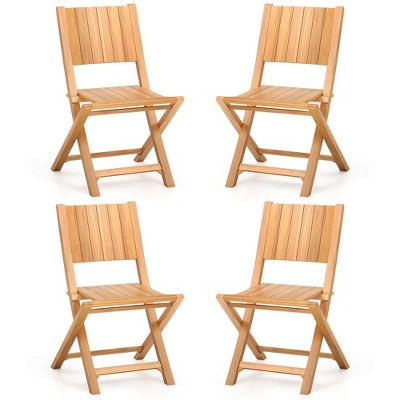 Costway 4 PCS Folding Patio Chairs with Inclined Backrest Teak Wood Outdoor Dining Chairs