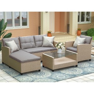 Patio Furniture Sets, 4 Piece Conversation Set Wicker Ratten Sectional Sofa with Seat Cushions(Beige Brown) - 1 of 4