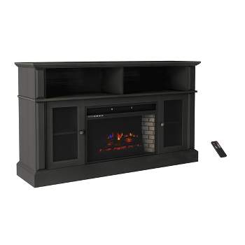 Hastings Home Electric Fireplace TV Stand With Shelves, Remote Control, Adjustable Heat and LED Flames - Woodgrain Black