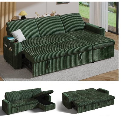 Vipbear 101" Sectional Sleeper Sofa Bed with Pull Out Bed, Reclining Backrest/Reversible Storage Chaise/USB Ports/Cup Holders, Plush Corduroy