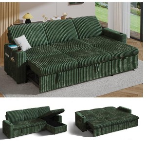 Dyonery 101"  Sectional Sleeper Sofa Bed with Pull Out Bed, Reclining Backrest/Reversible Storage Chaise/USB Ports/Cup Holders, Plush Corduroy - 1 of 4