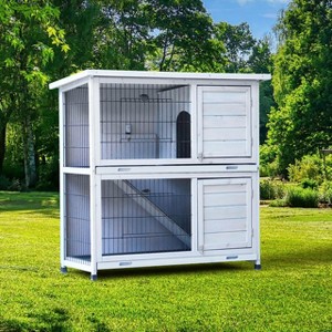 coucheta Rabbit Hutch Outdoor, 2 Levels Rabbit Cage Indoor with Run, Wooden Bunny Cage with 2 Removable Trays, Pet Cages with Non-Slip Ramp - 1 of 4