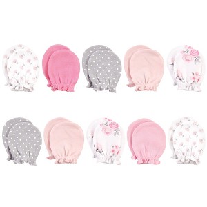 Hudson Baby Infant Girl Cotton Scratch Mittens, Pink Floral, 0-6 Months - 1 of 4