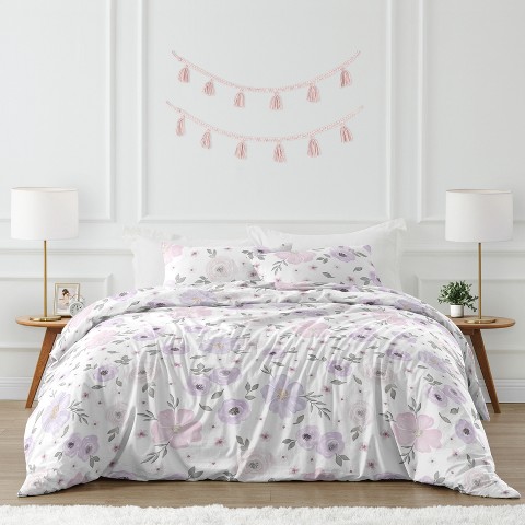 Sweet Jojo Designs Girl Full/Queen Comforter Bedding Set Watercolor Floral Purple Pink and Grey 3pc.